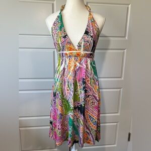 Halter Dress‎ Colorful Paisley Print Beaded Accents Summer Dress